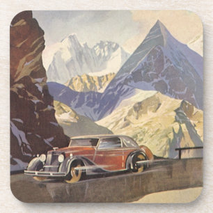 Posavasos Coche antiguo en carretera de montaña en invierno 