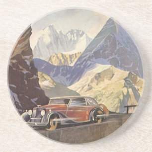 Posavasos Coche antiguo en carretera de montaña en invierno 