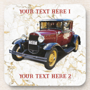 Posavasos Coche Antiguo sobre Mármol Blanco y Dorado, Tu Tex