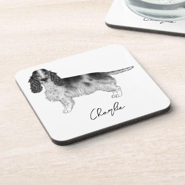 Posavasos Cocker Spaniel en negro y blanco & texto personali (Lado Izquierdo)