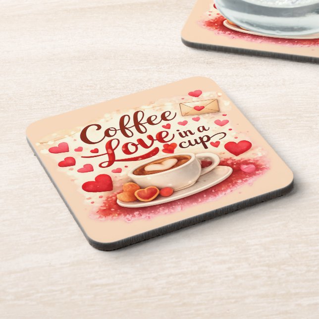 Posavasos Coffee Love in a Cup Coffee Lovers Valentines Pink (Lado Izquierdo)