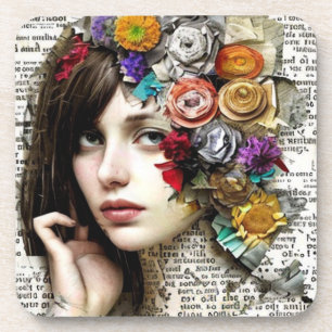 Posavasos Collage Art   Chica Bonito con flores en el pelo
