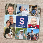 Posavasos Collage de fotos Familia Monogramada Marina Azul R<br><div class="desc">¡Celebra a tu familia y a tus seres queridos con un collage de fotos especialmente seleccionado! Este elegante diseño de montaña de plástico dura muestra ocho de tus fotografías favoritas, un monograma con una sola letra y un texto personalizado. Perfecto para el nombre de una persona o un apellido familiar....</div>