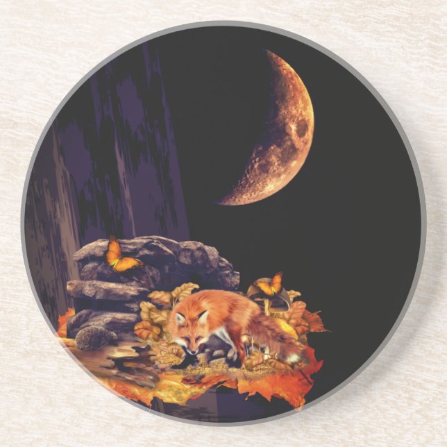 Posavasos Collage de vida silvestre con zorro, erizo y luna  (Frente)