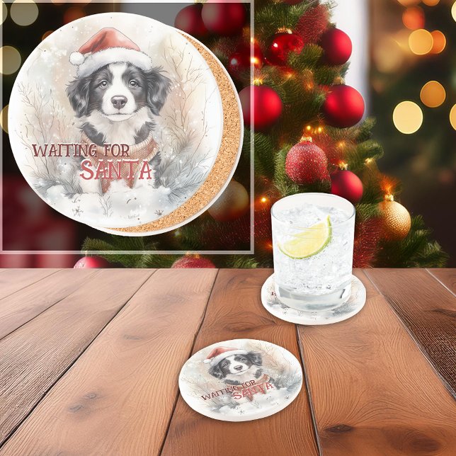 Posavasos Collie de borde esperando la acuarela Santa (Border Collie Waiting For Santa Watercolor Coaster. You can personalize the message.)