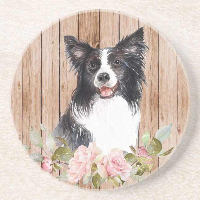 Posavasos Collie y flores de borde de acuarela (Frente)