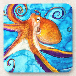Posavasos Color de agua del pulpo debajo del arte marino