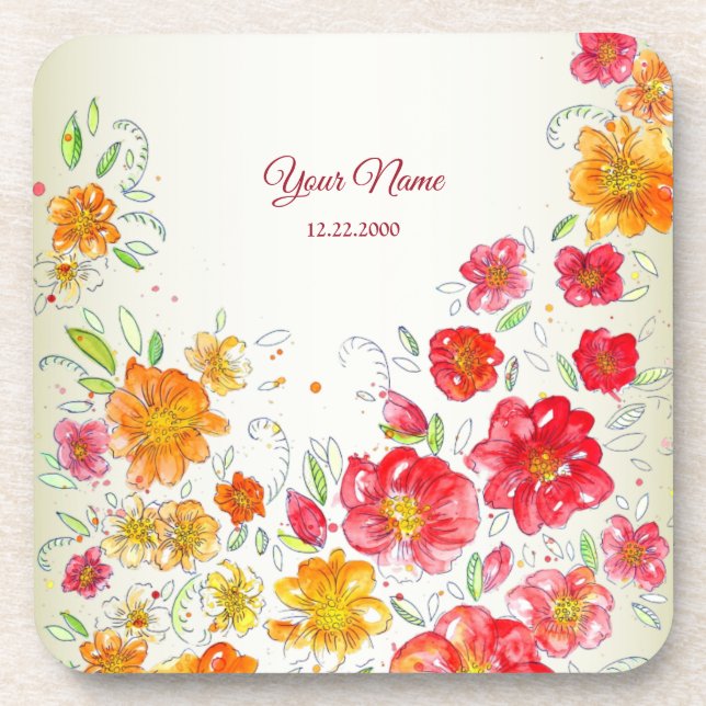 Posavasos Colorful Red Yellow Pink Floral Wedding Party (Frente)