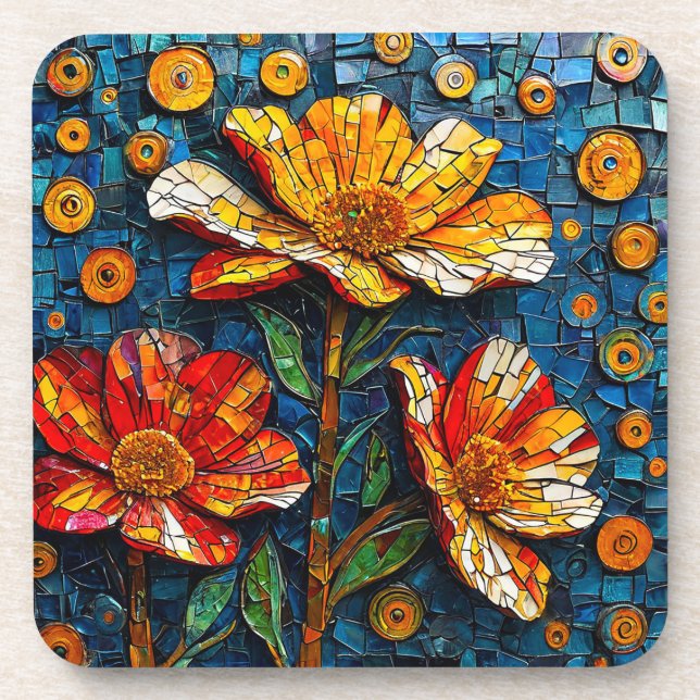 Posavasos Colorida obra de mosaico de flores vibrantes (Frente)