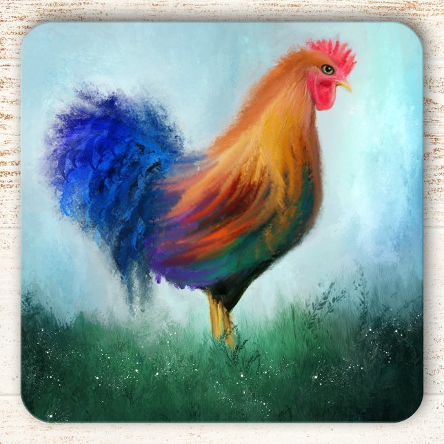 Posavasos Coloridas Bellas Artes de gallos (Fine art coaster featuring a painting of a colorful rooster in a grass field.)