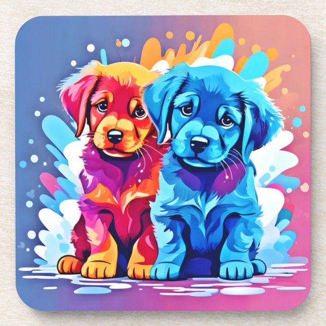 Posavasos Colorido arte de la pareja de cachorros (Frente)