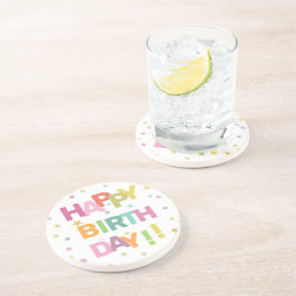 Posavasos Colorido texto Confetti y estrellas Feliz cumpleañ