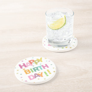 Posavasos Colorido texto Confetti y estrellas Feliz cumpleañ