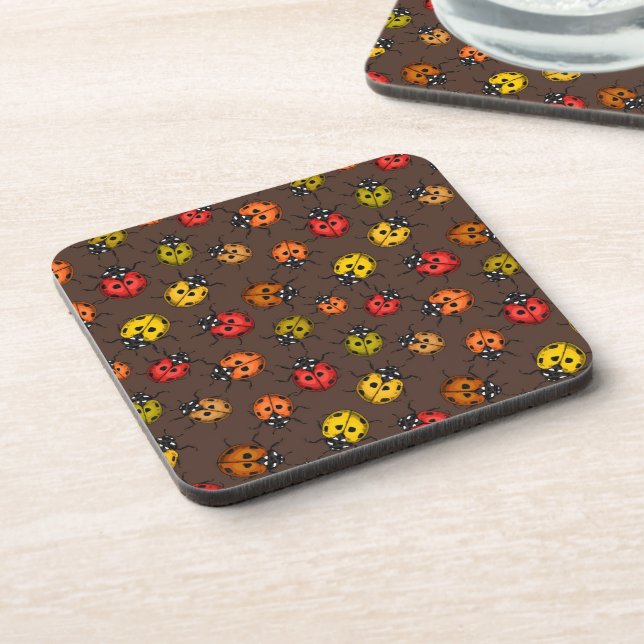 Posavasos Coloridos ladybugs sobre marrón (Lado Izquierdo)