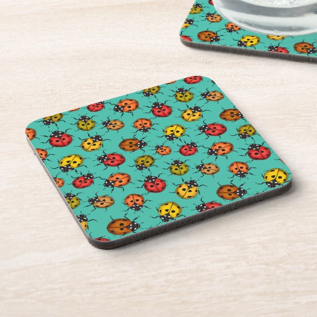 Posavasos Coloridos ladybugs sobre turquesa (Lado Izquierdo)