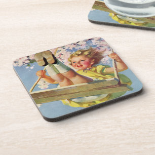 Posavasos Columpio antiguo, niña columpiándose en un juego i