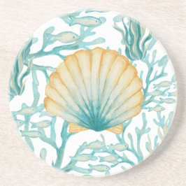Posavasos Concha de mar acuarela azul verde