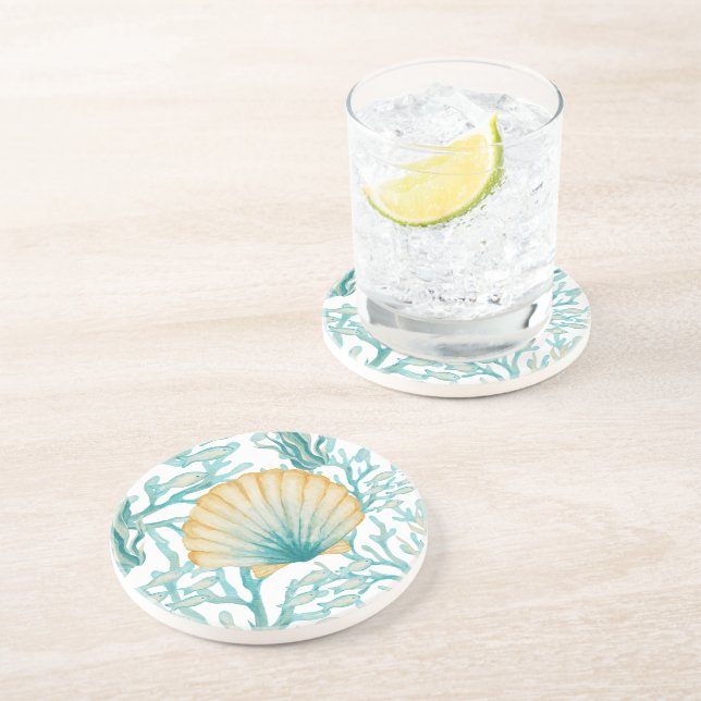 Posavasos Concha de mar acuarela azul verde (Lado)