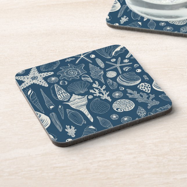 Posavasos Conchas marinas sobre azul oscuro (Lado Izquierdo)
