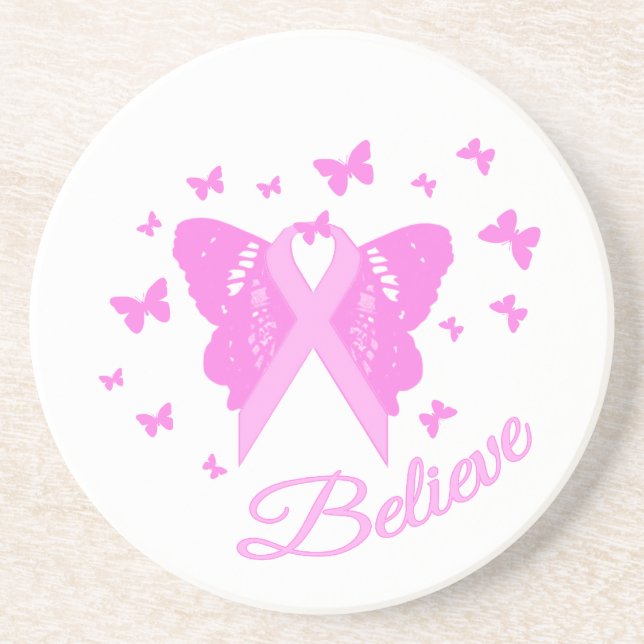 Posavasos Conciencia sobre las mariposas de cinta rosa (Frente)