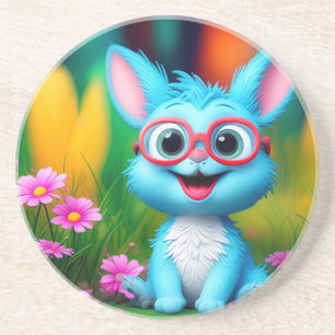 Posavasos Conejito azul sonriente lindo con lentes de gafas-