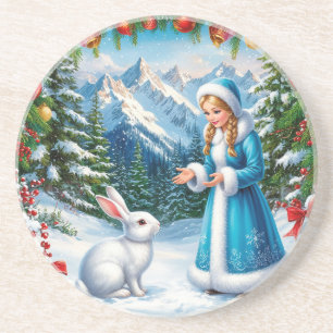 Posavasos Conejo Blanco y Doncella de Nieve en Bosque Invern