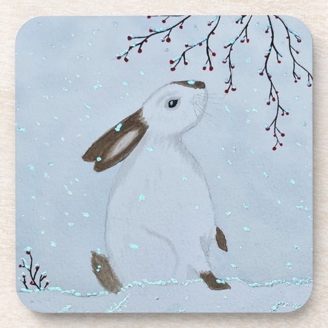 Posavasos Conejo de invierno en acuarela (Frente)