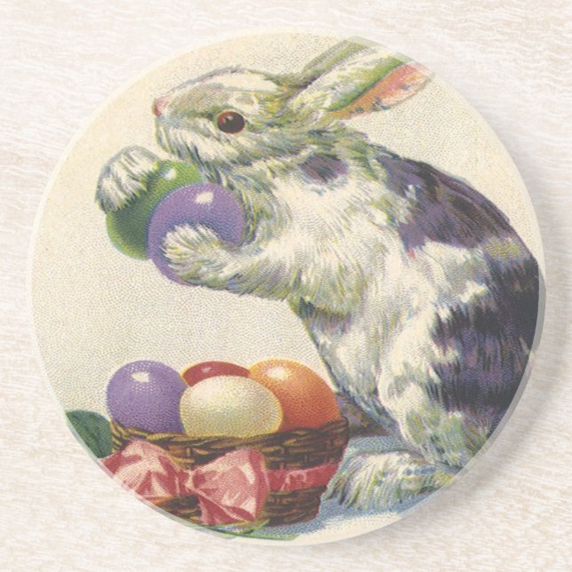 Posavasos Conejo victoriano de Pascua, huevos y flores (Frente)