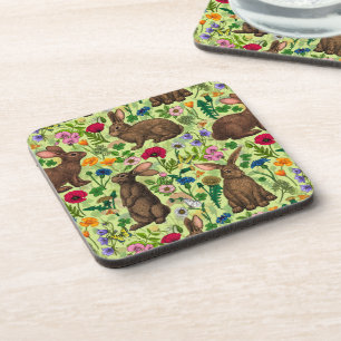 Posavasos Conejos y flores silvestres en verde miel
