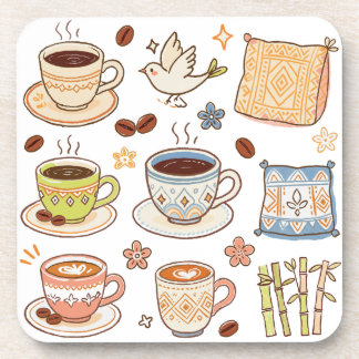 Posavasos Conjunto de doodle de arte popular y café dibujado