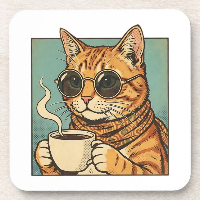 Posavasos Cool Cat Coffee Retro Style Design for Cat Lovers (Frente)