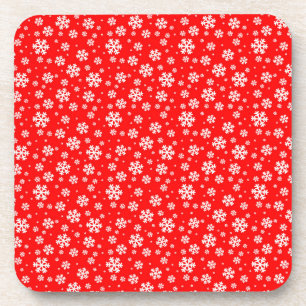 Posavasos Copo de Nieve Blanco sobre Patrón de Invierno Rojo