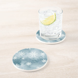 Posavasos Copos de Nieve Azul Pálido Acuarela Invierno