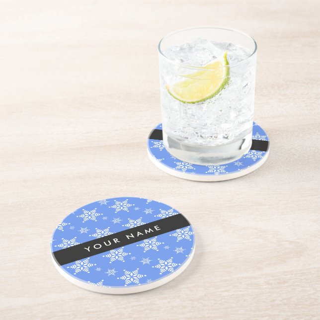Posavasos Copos de nieve blancos, azul, tu nombre, personali (Lado)
