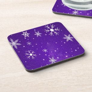 Posavasos Copos de nieve blancos con fondo azul-púrpura