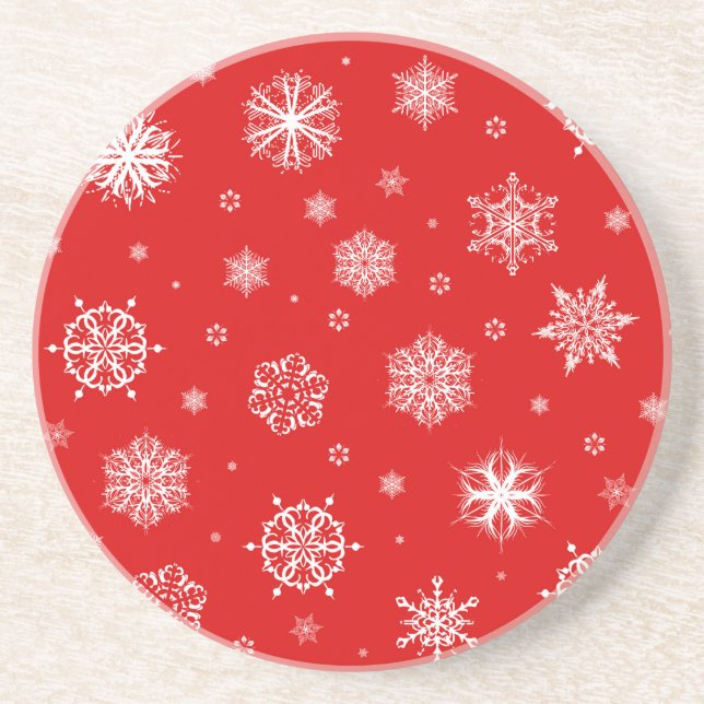 Posavasos Copos de nieve blancos sobre fondo rojo (Frente)
