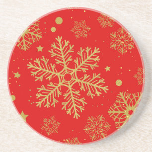 Posavasos Copos de nieve dorados en rojo