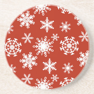 Posavasos Copos de nieve en blanco sobre fondo rojo