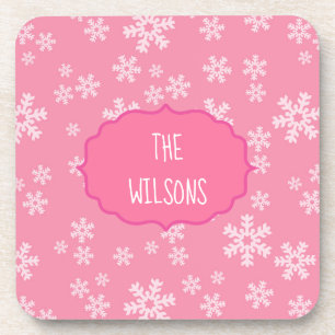 Posavasos Copos de nieve en fondo rosado