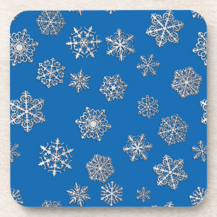 Posavasos Copos de nieve plateados sobre fondo azul cobalto