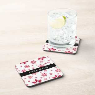 Posavasos Copos de nieve rojos, tu nombre, personaliza