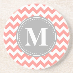 Posavasos Coral Rosa Chevron Zigzag Gray Monograma