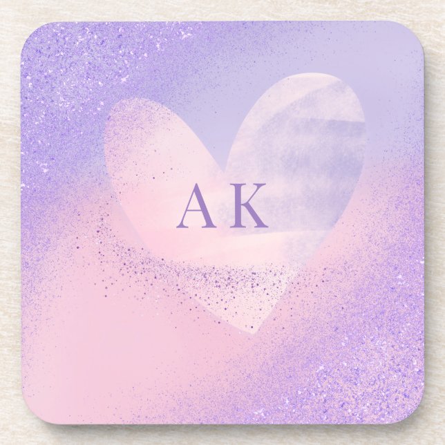Posavasos Corazón con gradiente de rosa púrpura monograma  (Frente)