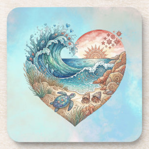 Posavasos Corazón de Océano Arte de Tortuga Marina Ola de Pl