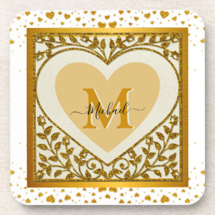 Posavasos Corazón Inicial Brillante Dorado Elegante & Nombre