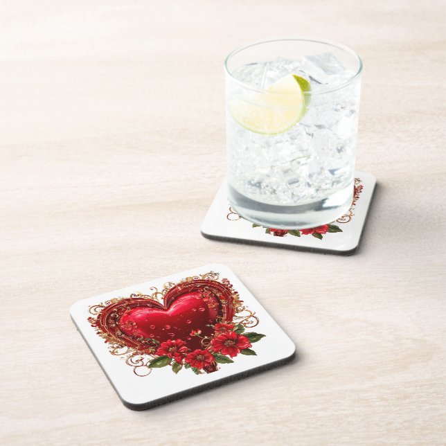 Posavasos Corazón Rojo Elegante con Flores (Lado Derecho)