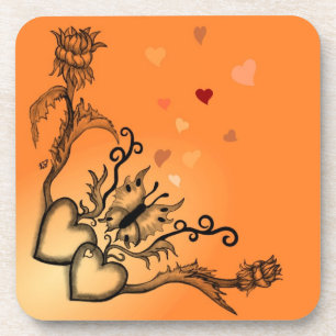 Posavasos Corazones con flores y mariposa en estilo tatuaje