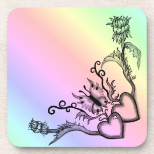 Posavasos Corazones con flores y mariposa en estilo tatuaje