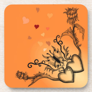 Posavasos Corazones con flores y mariposa en estilo tatuaje