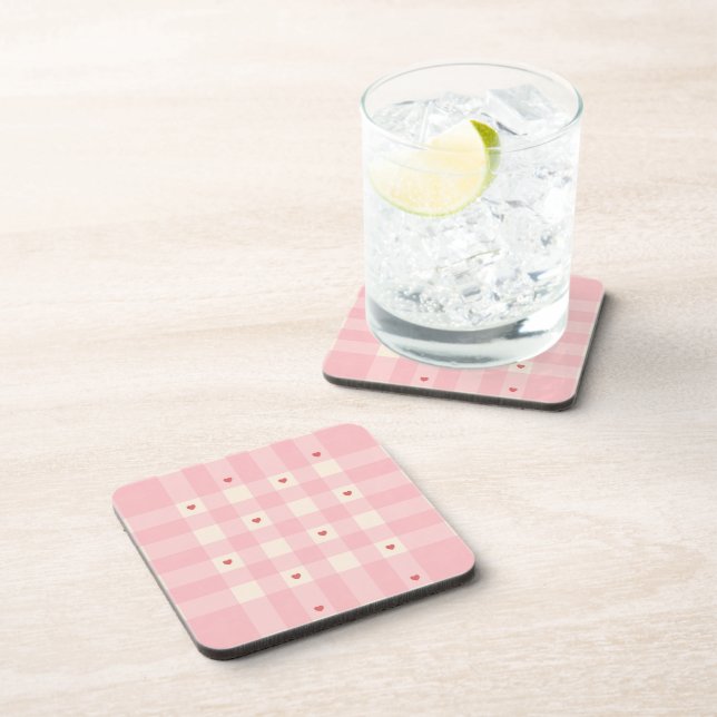 Posavasos Corazones de gingham rosa de San Valentín (Lado Derecho)